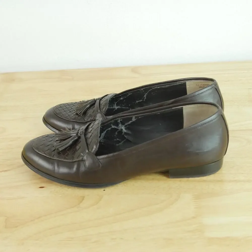 Vintage 8 Woven Leather Tassel‎ Loafers Preppy Slip On Flats Heritage Brown 90s